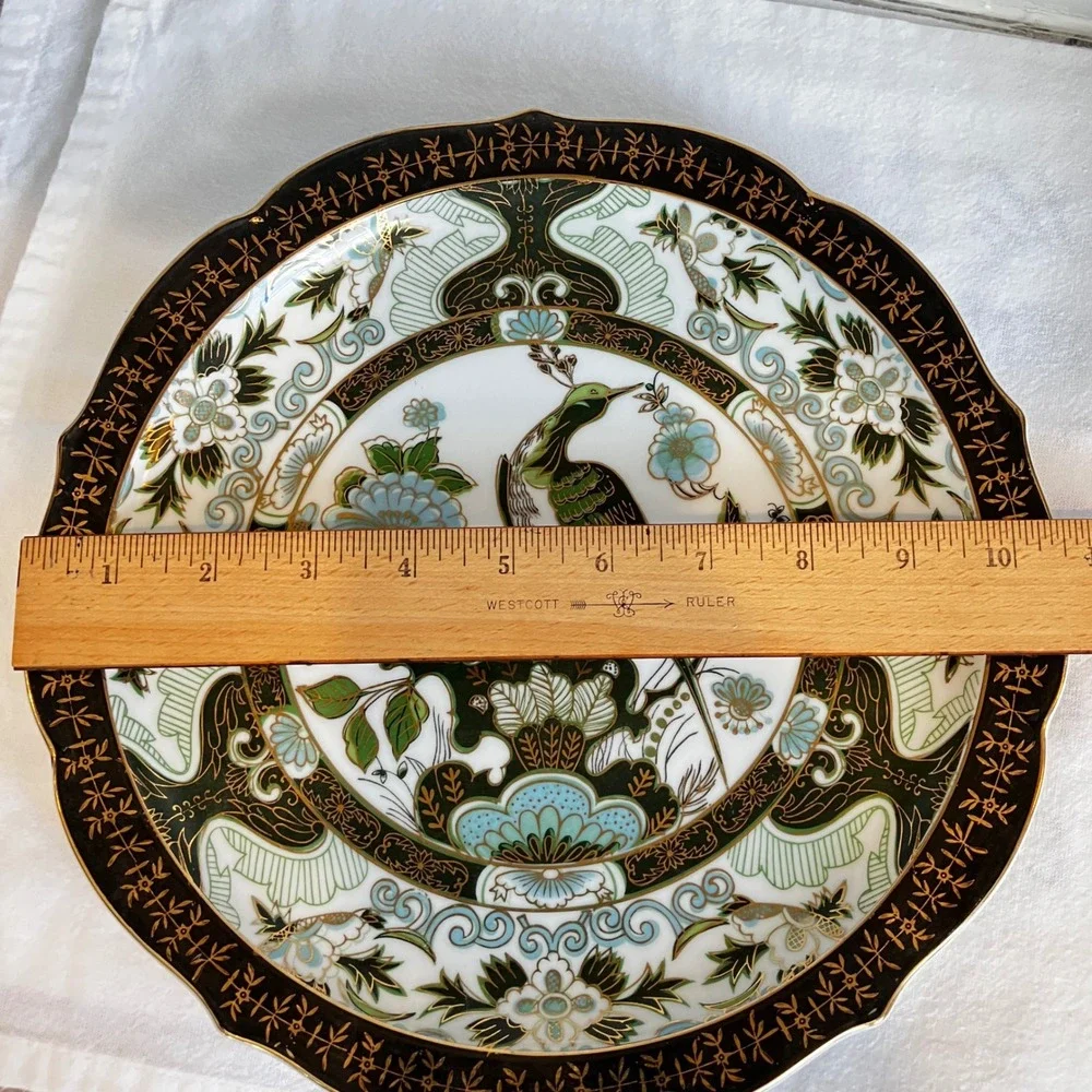 Saji Fine China Decorative Charger Plate 10.25in Green Gold Peacock Vintage